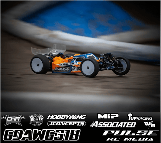 RC racing car speeding on track with sponsor logos from Pulse RC Media, Associated, Hobbywing, and more, showcasing high-performance racing gear.