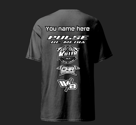 Customizable Pulse RC T-Shirt for RC Racing with multiple logos on the back, perfect for hobby gear and off-road racing enthusiasts
