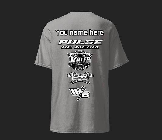 Customizable t-shirt for RC racing with multiple logos, perfect for remote control car enthusiasts and off-road racing fans.