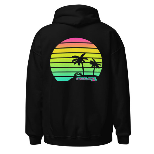 Retro Pulse RC Hoodie with nostalgic sunset and palm tree graphic, perfect for RC racing enthusiasts and vintage apparel lovers.