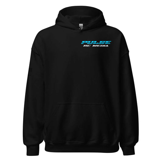 Pulse RC Checkered Flag Hoodie - Sleek black design for RC racing enthusiasts, perfect for track days and cool evenings, premium racing apparel.