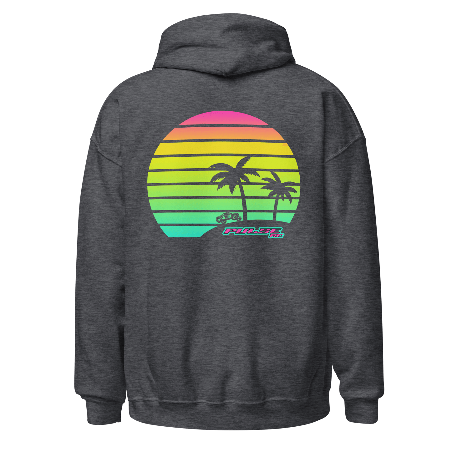 Retro Pulse RC Hoodie featuring colorful nostalgic graphics and palm tree design, perfect for RC racing and vintage racing enthusiasts.