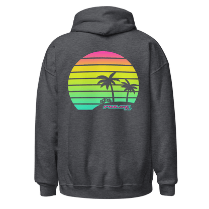 Retro Pulse RC Hoodie featuring colorful nostalgic graphics and palm tree design, perfect for RC racing and vintage racing enthusiasts.