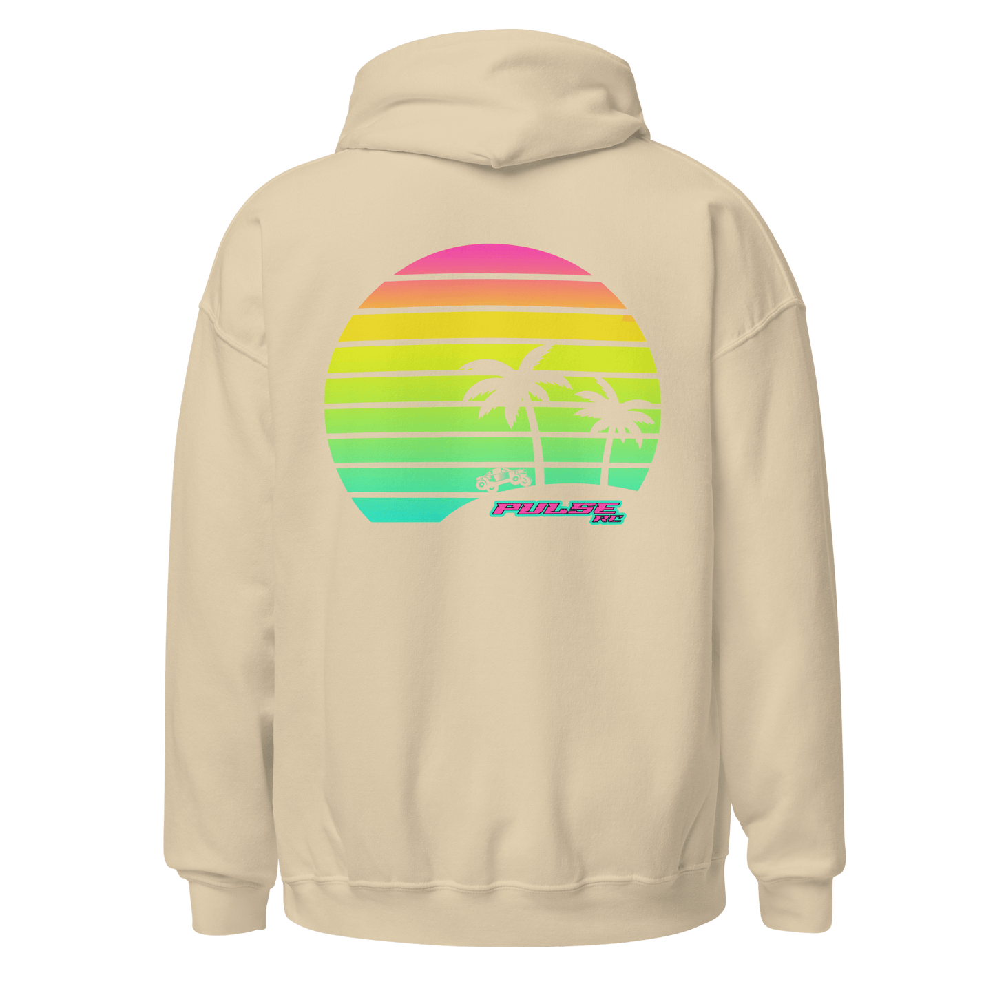 Vintage-style Pulse RC hoodie with retro graphics, perfect for RC racing enthusiasts and hobbyists, featuring a nostalgic racing design.