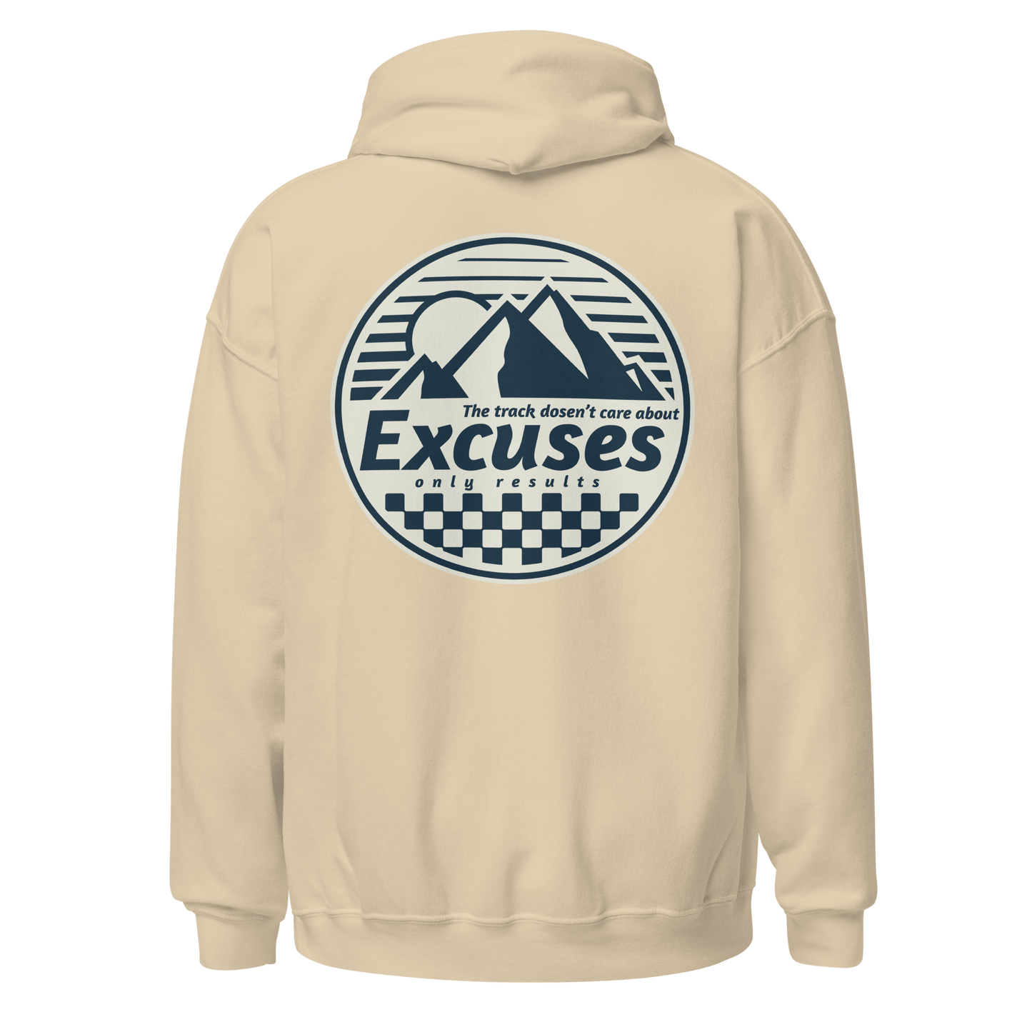 Beige Pulse RC Hoodie with "The Track Doesn't Care About Excuses, Only Results" design, perfect for RC racing enthusiasts and hobbyists.
