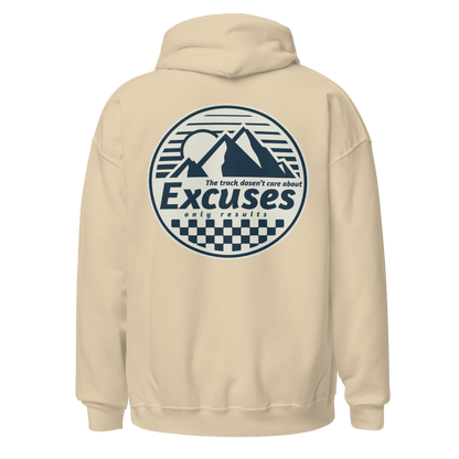 Beige Pulse RC Hoodie with "The Track Doesn't Care About Excuses, Only Results" design, perfect for RC racing enthusiasts and hobbyists.