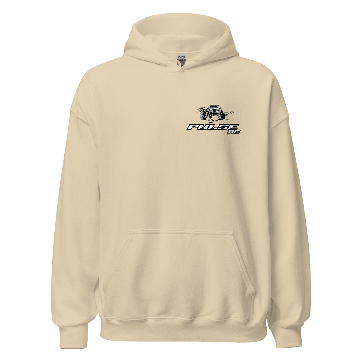 Cream hoodie with "Pulse RC" logo, ideal for RC racing enthusiasts and off-road racing fans. Comfortable apparel for remote control car hobbyists.