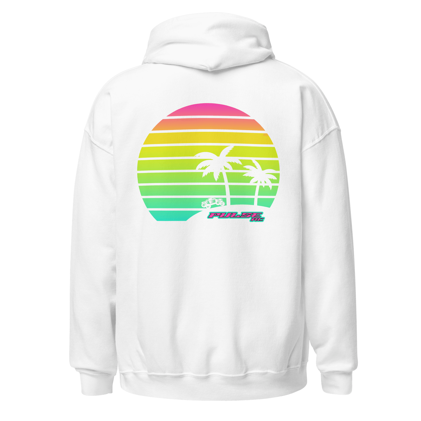 Retro Pulse RC Hoodie with colorful vintage palm tree and sunset design, perfect for RC racing enthusiasts.