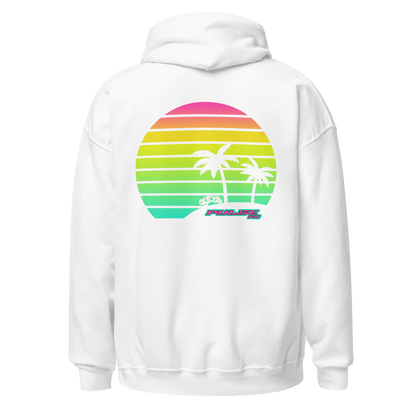 Retro Pulse RC Hoodie with colorful vintage palm tree and sunset design, perfect for RC racing enthusiasts.
