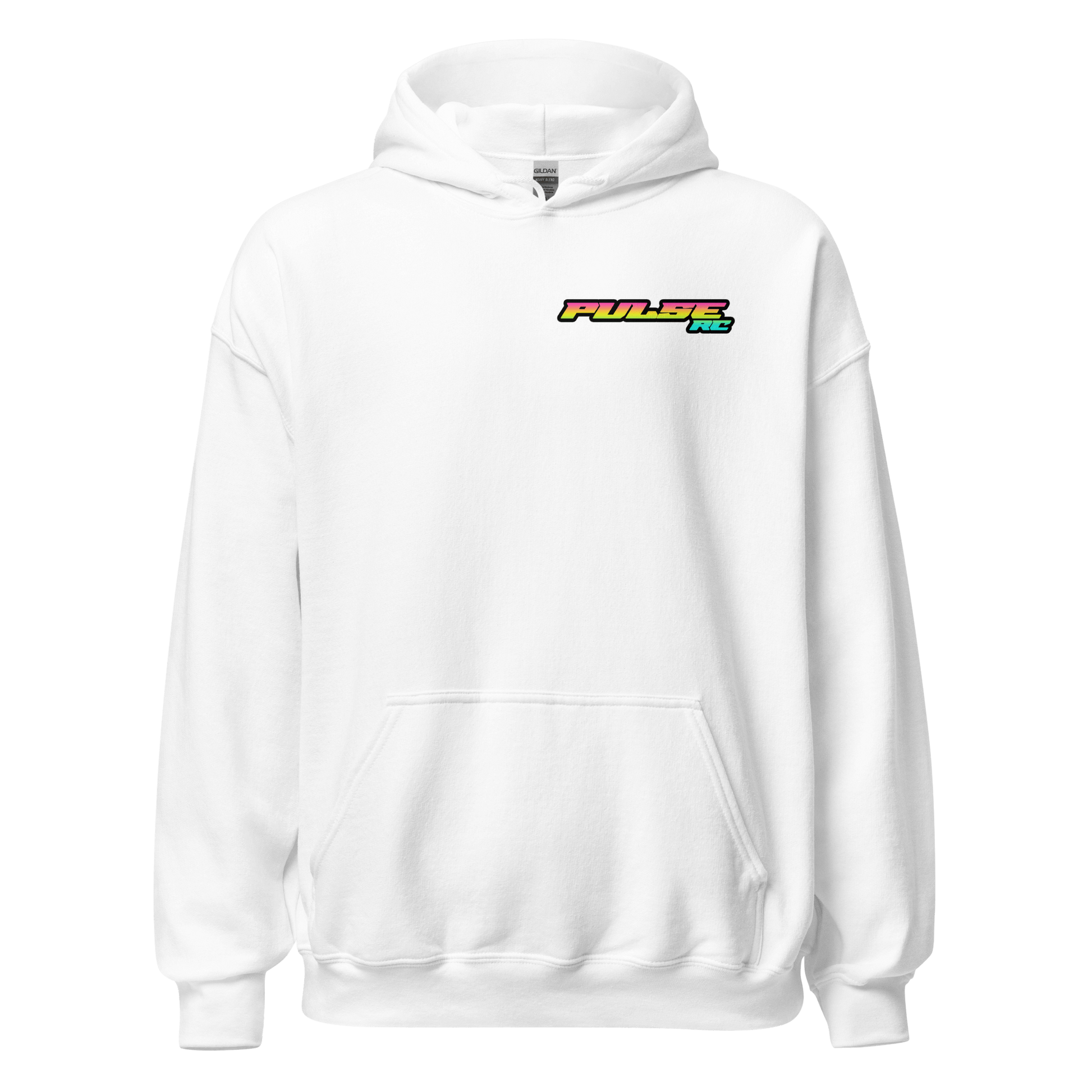 White Pulse RC Hoodie with vintage racing logo, perfect for RC racing enthusiasts and those who love classic retro style.