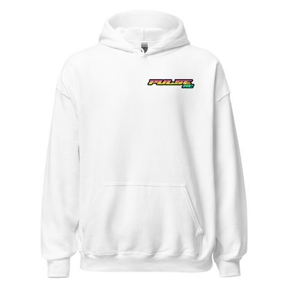 White Pulse RC Hoodie with vintage racing logo, perfect for RC racing enthusiasts and those who love classic retro style.