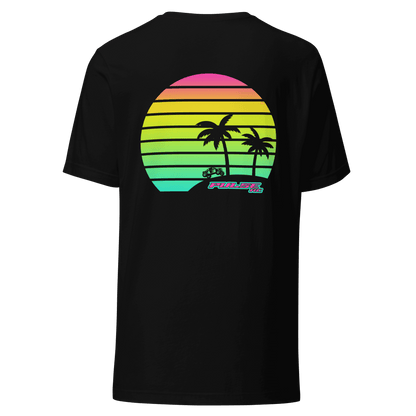 Retro Pulse RC T-Shirt with a colorful sunset and palm tree design for RC racing enthusiasts and hobbyists.