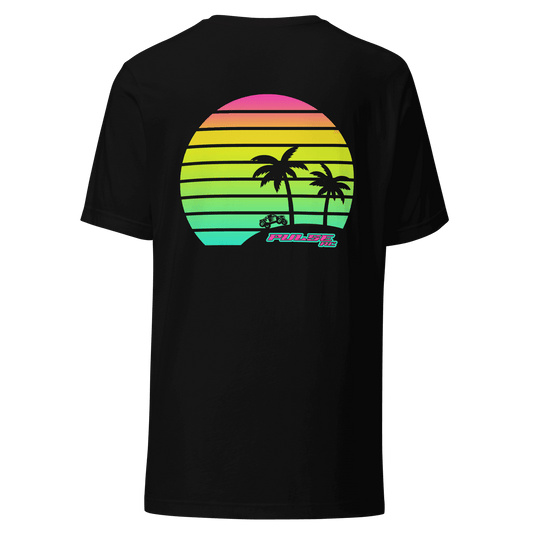 Retro Pulse RC T-Shirt with a colorful sunset and palm tree design for RC racing enthusiasts and hobbyists.