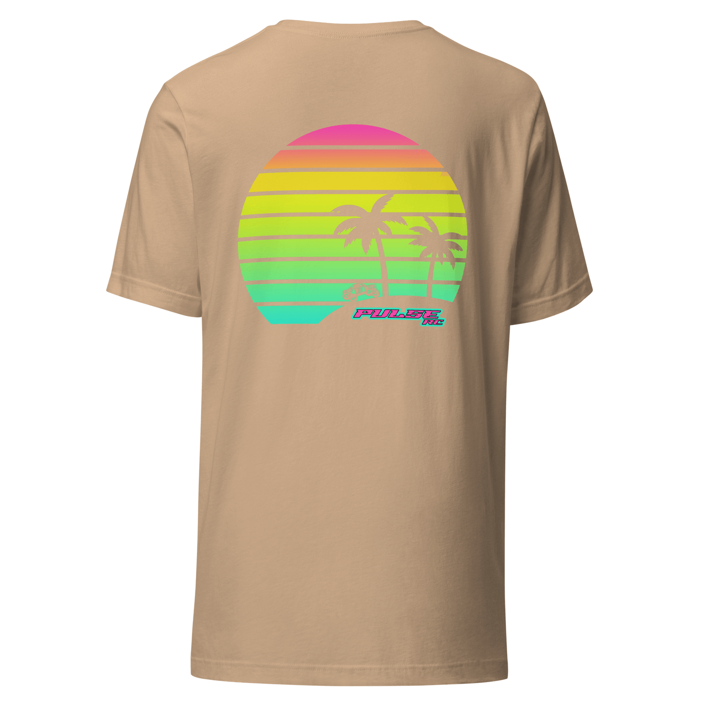 Retro Pulse RC T-Shirt with colorful sunset and palm tree graphic on beige fabric – perfect for RC racing enthusiasts