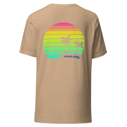 Retro Pulse RC T-Shirt with colorful sunset and palm tree graphic on beige fabric – perfect for RC racing enthusiasts